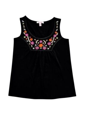 Zena Women’s Black Tank Top Pink & Orange Floral Embroidery Size-M GUC